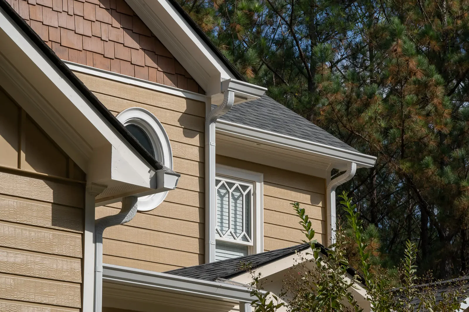 New white gutters and a downspout on a house with evergreens behind