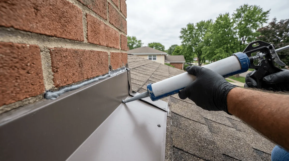 Gloved hands sealing new step flashing where a roof meets a brick chimney