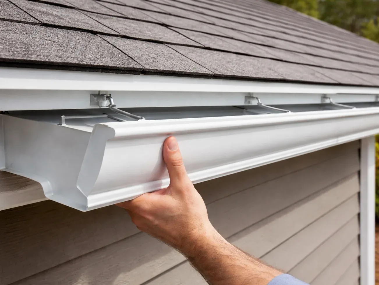 Installer setting a new white seamless gutter into its hangers along a roof edge