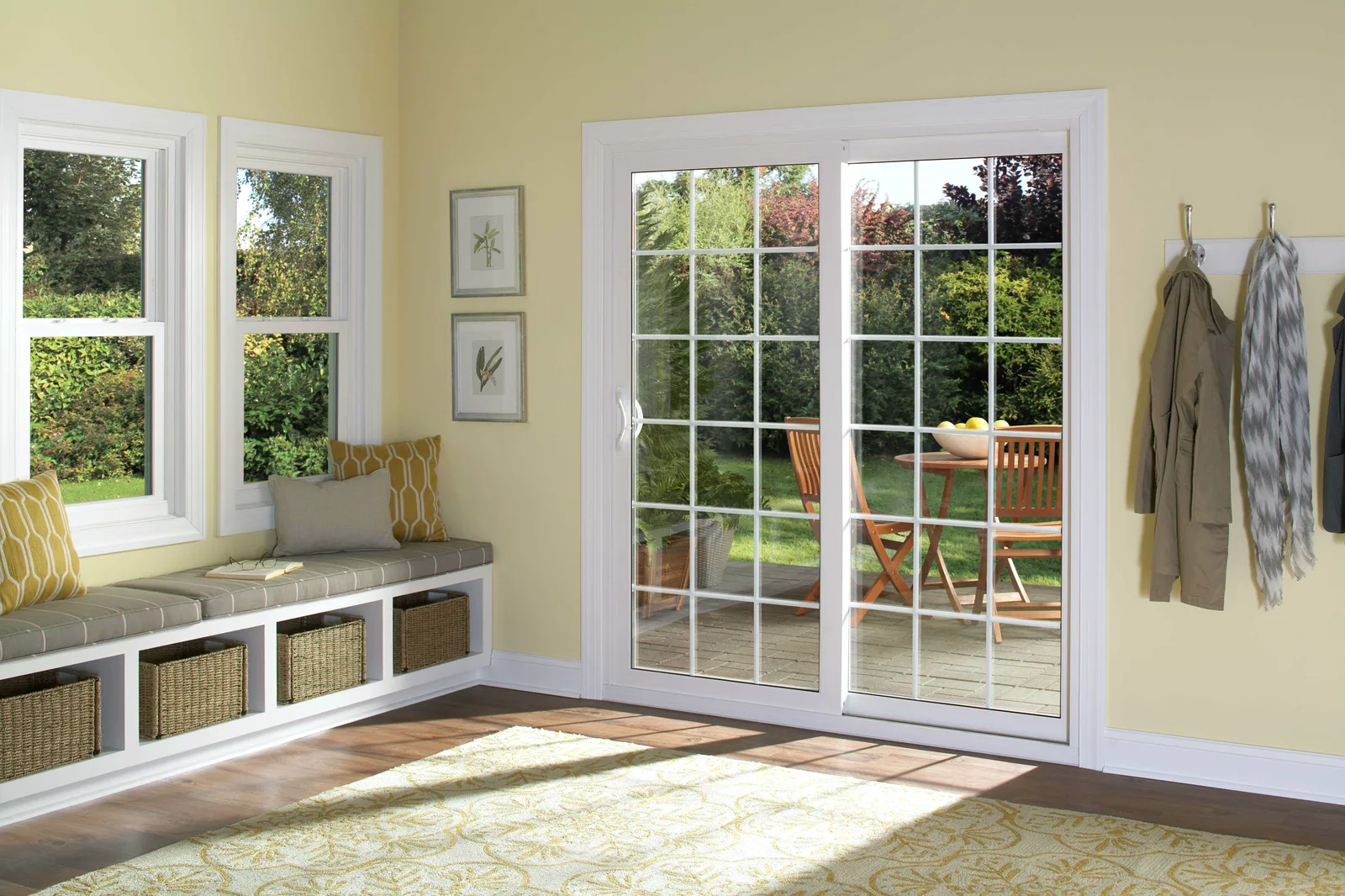 New white sliding patio door in a home's living space